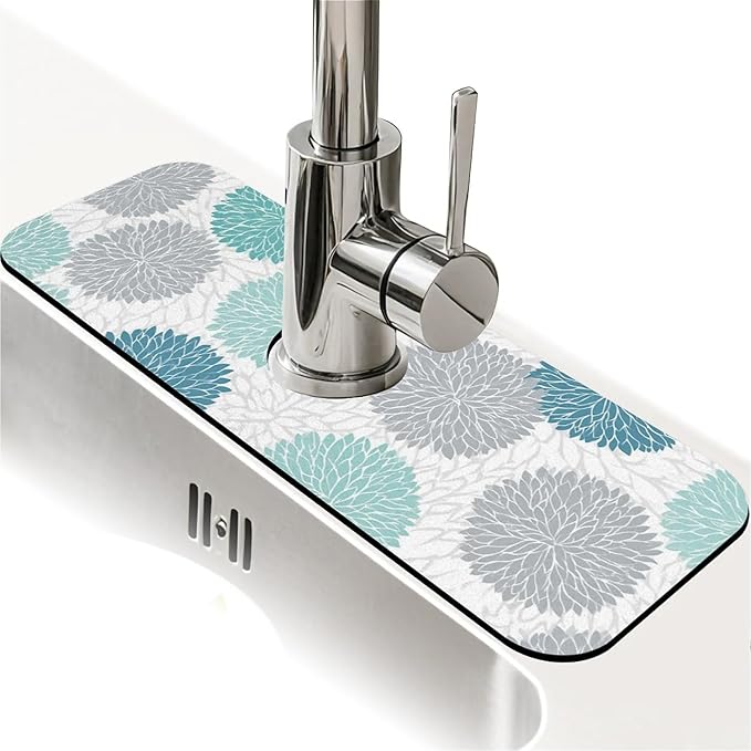 Kitchen Sink Splash Guard，Turquoise and gray flowers Faucet Mat Sink Gadgets-Super Absorbent Fast Drying Mat Drip Catcher for Kitchen, Bathroom,Sink Mat, Dish Drying Mat, Bathroom(15" X 5.5" )