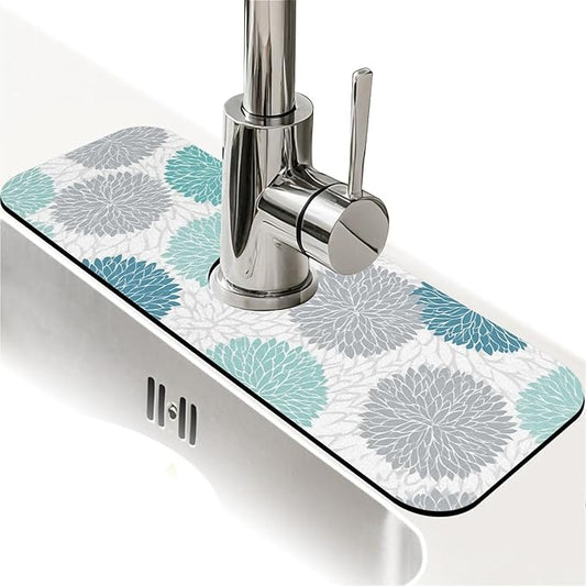 Kitchen Sink Splash Guard，Turquoise and gray flowers Faucet Mat Sink Gadgets-Super Absorbent Fast Drying Mat Drip Catcher for Kitchen, Bathroom,Sink Mat, Dish Drying Mat, Bathroom(15" X 5.5" )