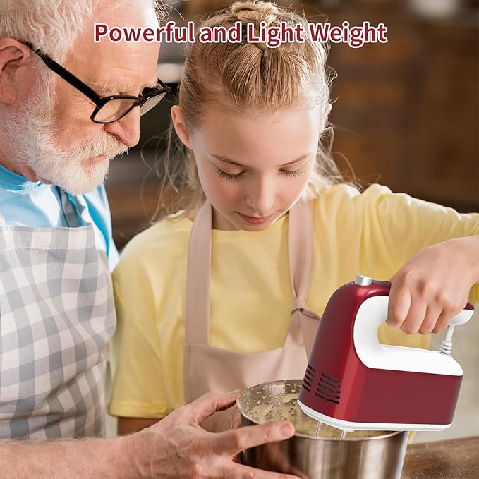 Yomelo 9-Speed Digital Hand Mixer Electric, 400W Powerful DC Motor, Hand Mixer Electric Handheld with Snap-On Storage Case, 5 Stainless Steel Accessories, Beaters, Dough Hooks, Whisk(Red/White)