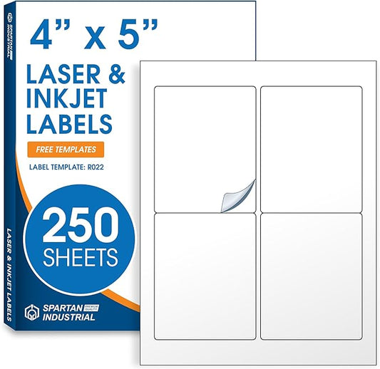 4" X 5" Matte White Printable Labels for Inkjet and Laser Printers - 250 Sheets, 1000 Custom Stickers for Shipping Labels, Address Stickers, Organization - Spartan Industrial Template R022