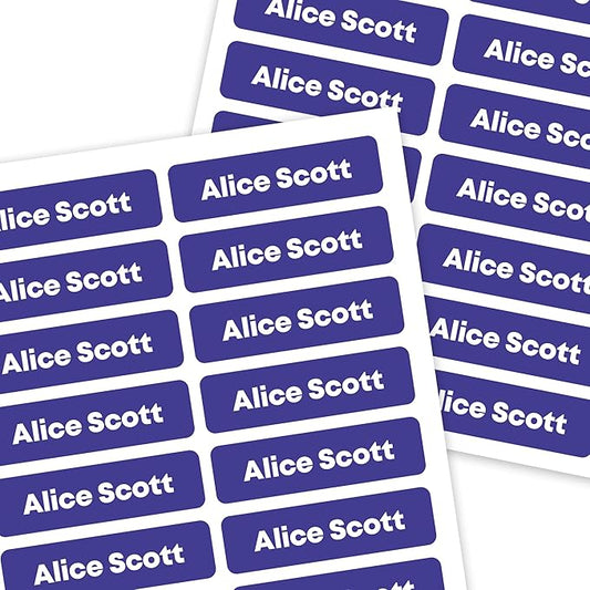 Mini Labels 1.5”x0.4” - 198-Pack Custom Name Stickers - Personalized Waterproof Labels for Bottles, Food Containers, School Supplies and More – Dishwasher/Microwave Safe – Blue