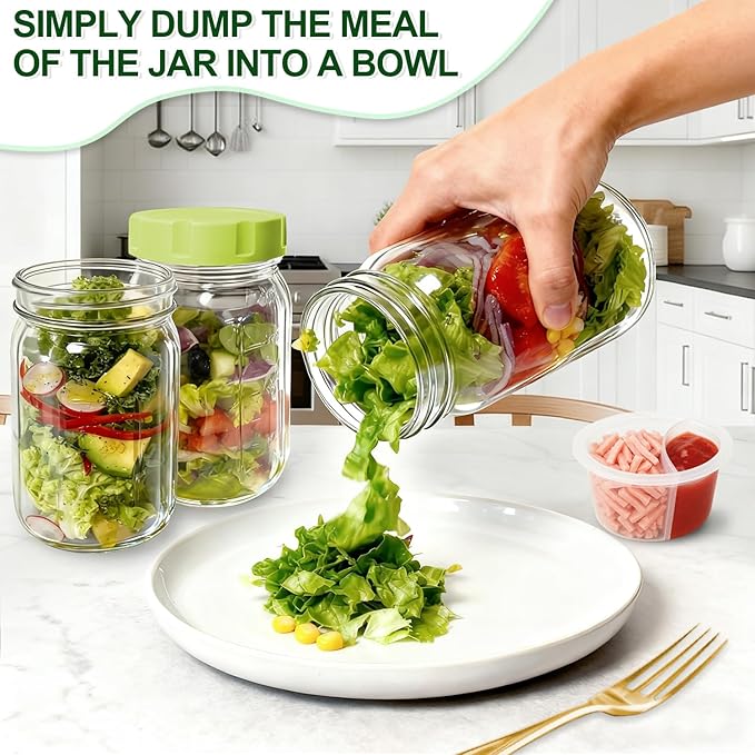 4 Pack Glass Salad Jars with Lids,32oz Mason Jars for Meal Prep,Leakproof Lunch Container with Two Small Built-in Boxes for Wet/Dry Separation of Salad Dressing and Dry Ingredients (4 Color Pack)