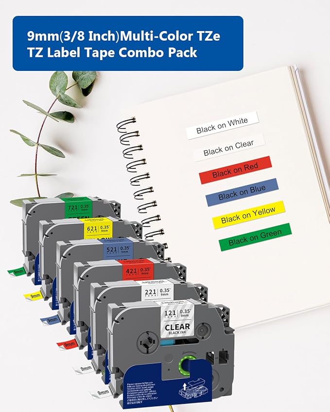 6-Pack TZe TZ Tape 9mm 0.35 Inch Laminated Multi Color Compatible for Brother P Touch Label Tape TZe-121 221 421 521 621 721 for PTouch PT-H110 D210 D220 PT-H103W, Clear/White/Red/Blue/Yellow/Green