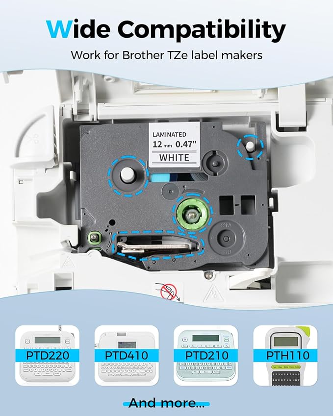 Colorty Replace for Brother P-Touch Label Tape Tze 12mm 0.47 Laminated White TZe-231 Ptouch Label Maker Refills AZe TZ Tape for PT-D210 PTD220 D200 H110 H110BP Labelmaker, 1/2"(12 mm) x 23ft, 5 Pack