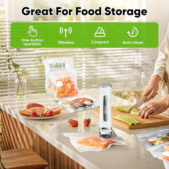 COZII Food Saver Vacuum Sealer Machine with 30 Bags, Preserve Compact Vacuum Sealer with Visible Water Tank, Handheld Portable, 60KPa Powerful suction, Wireless Rechargeable for 8X Fresh