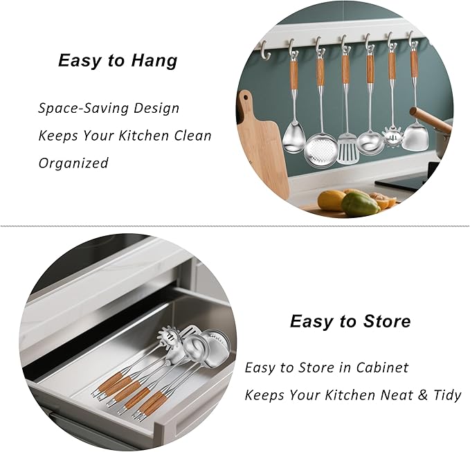 18/10 Stainless Steel Kitchen Utensils Set 6 Pcs Metal Cooking Utensil with Wood Handle, 15.5” Long Spatula, Soup spoon, Leaking shovel, Spaghetti Spoon Kitchen Tools Set (Wood handle - 6 Piece)