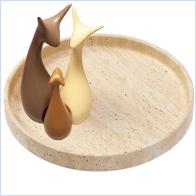 Apasqro Natural Travertine Vanity Tray – Round Beige Marble Tray for Bathroom, Jewelry, Candle, Perfume, Nightstand & Kitchen Decor, 10 Inch Wabi-sabi Style Decorative Stone Catchall Organizer