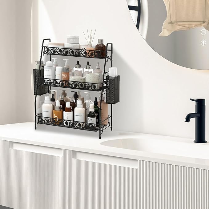 IBEDMAZIE 3-Tier Large Size Storage Rack,Counter Organiztion for Bathroom Countertop Organizer Shelf for Spice Racks for Kitchen/Sink/Bedroom/Living room/Office/Plant Rack with Two Metal Baskets