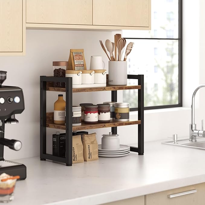 Kitchen Countertop Shelf Organizer, 3 Tier Large Kitchen Storage Spice Rack Cabinet Organizer with Metal Leg for Countertop Pantry, Coffee Bar Organizer, Bathroom Countertop Organizer, Rustic Brown