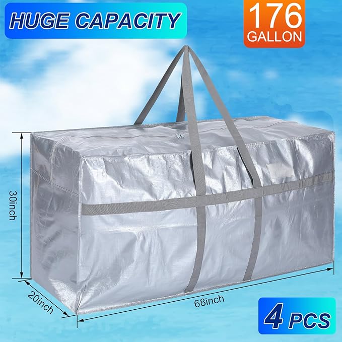 4 Pcs 176 Gallon Extra Large Moving Bags Heavy Duty Storage Bag with Strong Zipper Handle Foldable XXL Jumbo Storage Tote Packing Moving Box for College Dorm Travel Cloth Duffle (Silver)