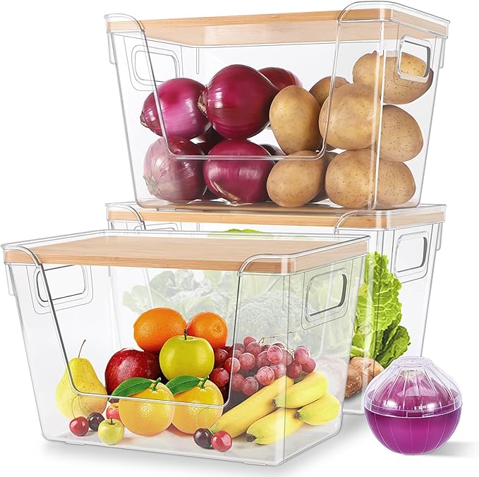 4 Set Pantry Organizers and Potato Onion Storage Bins, Stackable Kitchen Counter Cabinet Basket for Produce, Fruit, Vegetable, Snack Storage, Laundry Organizer Trash Bag Holder with Bamboo Lid