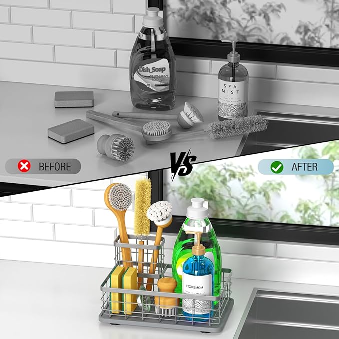 Large Family-Sized Sponge Holder for Kitchen Sink, Sink Caddy Organizer with Brush Holder - Drain-Free Non-Slip Base, Stainless Steel with Rust-Resistant Coating-10.24" L x 6.5" W x 5.83" H