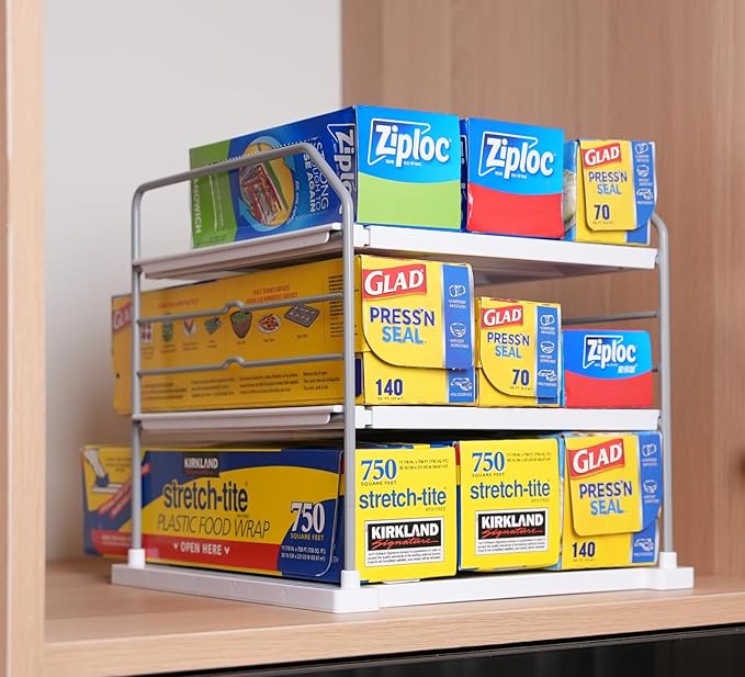 EVERIE Extendable 3-Tier Holder for Heavy Items, Jars, Bottles, Cans, Plastic Bags, Wrap, Foil, Snack and Box for Kitchen,Counter, Cabinets, 11'' to 16.7'' Wide (11“ - 16.7” Wide, Piece, 2)