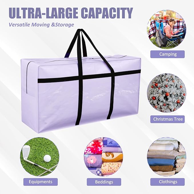 4 Pcs 66 Gallon Extra Large Moving Bags Heavy Duty Storage Bag with Strong Zipper Handle Foldable XXL Jumbo Storage Tote Packing Moving Box for College Dorm Travel Cloth Duffle (Jelly Purple)