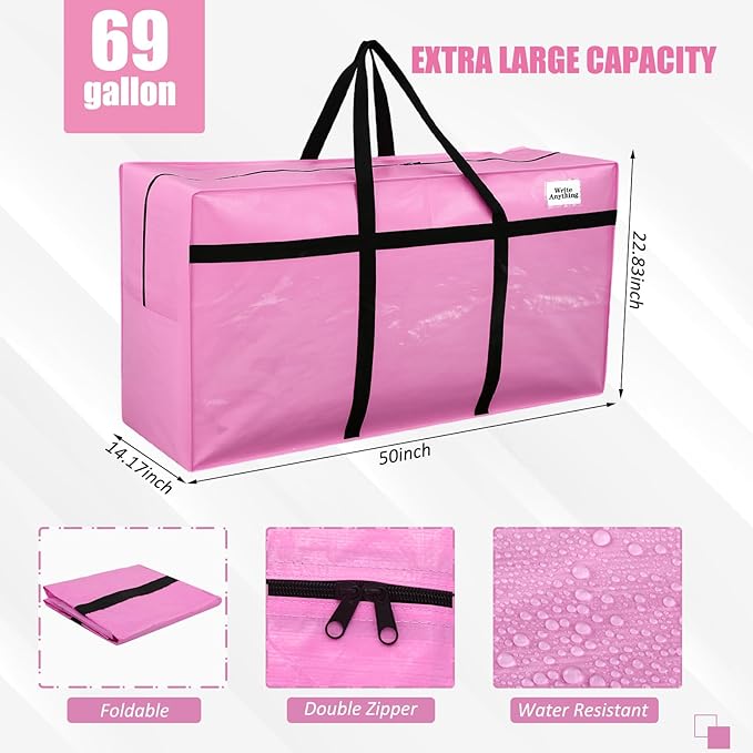 Windyun 4 Pack 69 Gallon Extra Large Moving Bags XXL Heavy Duty Storage Bag with Strong Zipper Handle Jumbo Big Tote Box Foldable for College Dorm Travel Clothes Duffle Blanket Pillow(Pink)