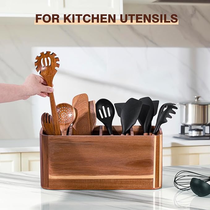 Utensil holder for Kitchen Counter - Large Kitchen Utensil Holder Organizer for Counter or Countertop, Large Wooden Utensil Holder with 4 Compartment（Acacia Wood）