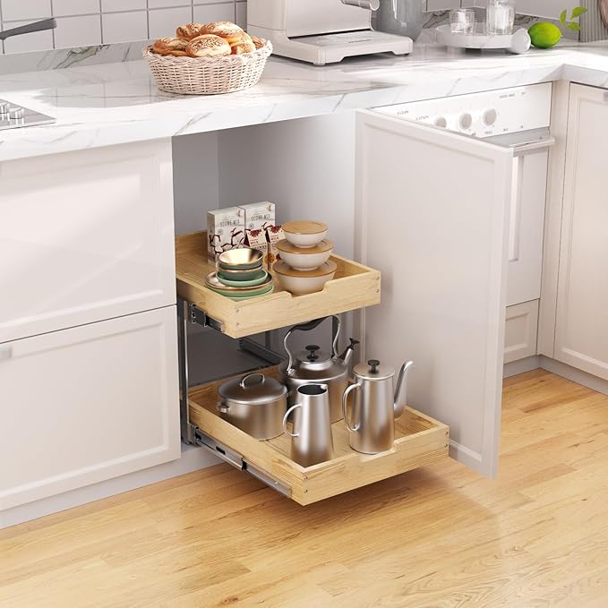 Sikarou Wood Pull Out Cabinet Organizer 2 Tie 26" W x 21" D, Heavy-Duty Sliding Drawers for Inside Cabinets Storage and Organization for Kitchen, Pantry, Bathroom