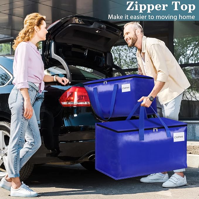 HomeHacks Moving Bags Heavy Duty with Strong Zippers and Handles Collapsible Moving Supplies, Storage Totes for Packing & Moving Storing 125L,4-Pack, Blue