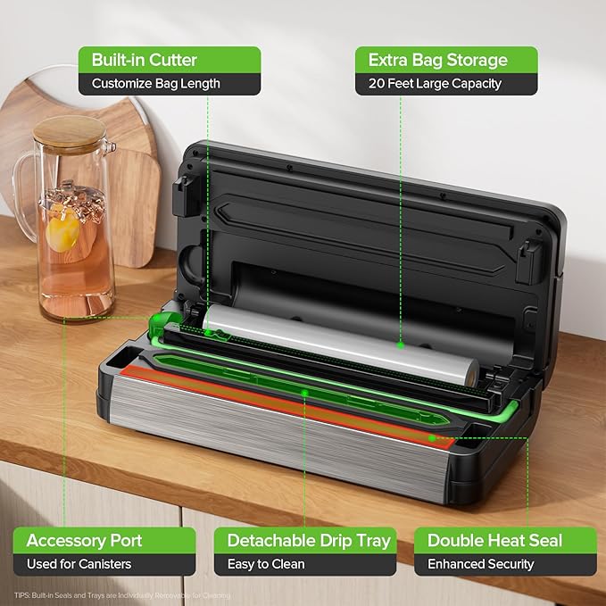 95kPa Vacuum Sealer Machine, Fully Automatic Food Sealer, Touch Display, 10-in-1 Functions & Powerful Sealing System with Double Heat Seal, Easy-Lock Handle, Built-in Cutter(Black)