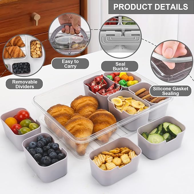 shopwithgreen Snackle Box Container, Divided Serving Tray with Lid and Handle for Party, Veggies, Fruit, Nuts, Food Tray Platter Charcuterie Snack Box Container for Entertaining, Picnic,Gray