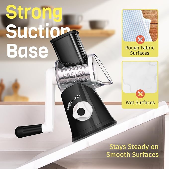 Nexsujo Rotary Cheese Grater Hand Crank, 3 Blades Slicer Shredder, Cheese Grater for Kitchen, Multi-Functional Kitchen Tool for Vegetables, Nuts, Chocolate, with Strong Suction Base, Black