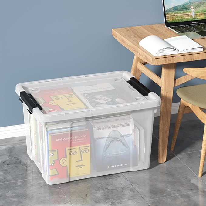 4-Pack 50 L Wheeled Clear Plastic Storage Latch Box, Large Clear Storage Bin with Lid