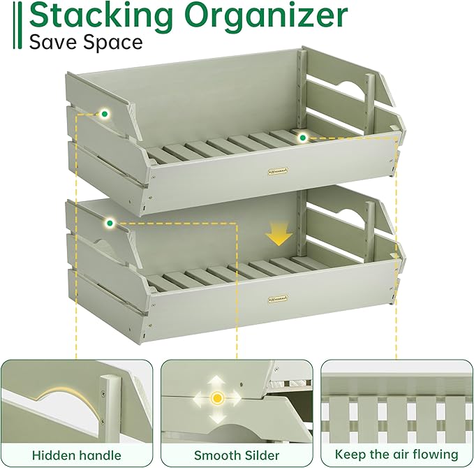 HABAU Potato Onion Storage Bin - Wood Stackable Produce Basket with Handles - Fruit and Vegetable Storage for Kitchen and Pantry Counter Organization - 2 Pack