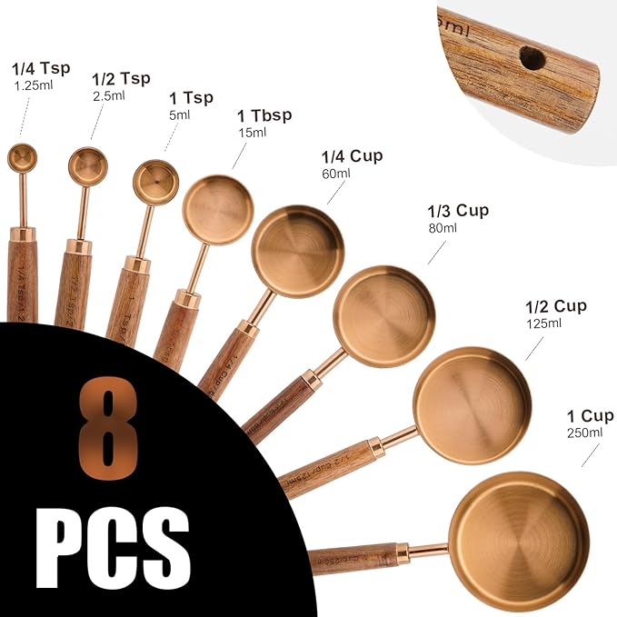 SHIKORI Gold Measuring Cups and Spoons Set with Wood Handles, Premium Stainless Steel Measuring Spoons and Measuring Cups Set, For Cooking and Baking in the Kitchen (Bronze)