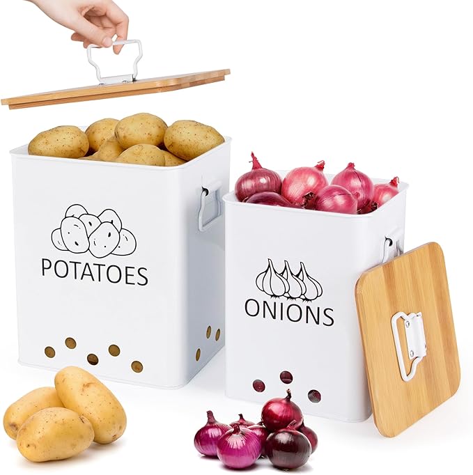Potato and Onion Storage Bin, Set of 2 Vegetable Storage Tins with Wooden Lids & Side Handles, Dual-row Ventilation Holes, Farmhouse Metal Kitchen Canisters Sets, White