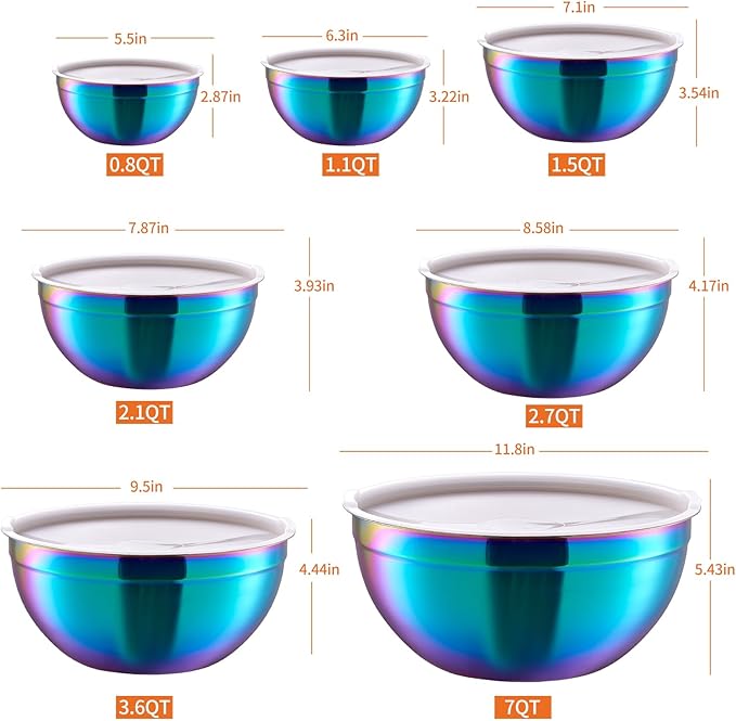 Onlycooker Rainbow Mixing Bowls With Airtight Lids,Stainless Steel Bowl,Salad Bowls 7 Piece Colorful Nesting Bowl Rainbow Kitchen Accessories,Size 7,3.6,2.7,2.1,1.5,1.1,0.8QT Stackable Design