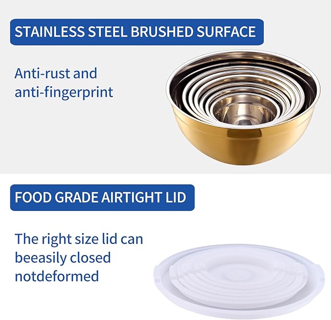 Onlycooker Gold Mixing Bowls With Airtight Lids,Stainless Steel Bowl,Salad Bowls 7 Piece Colorful Nesting Bowl Gold Kitchen Accessories,Size 7,3.6,2.7,2.1,1.5,1.1,0.8QT Stackable Design