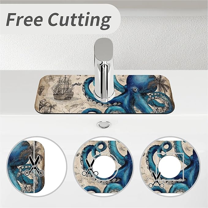 Kitchen Sink Splash Guard，Blue octopus and map Faucet Mat Sink Gadgets-Super Absorbent Fast Drying Mat Drip Catcher for Kitchen, Bathroom,Sink Mat, Dish Drying Mat, Bathroom(15" X 5.5" )