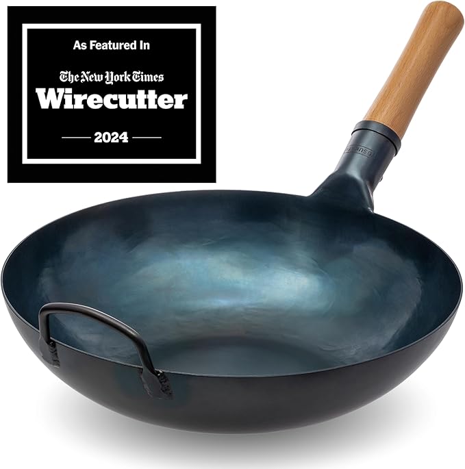 YOSUKATA Flat Bottom Wok Pan - 13.5" Blue Carbon Steel Wok + 17’’ Spatula and Ladle - Set of 2 Heat-Resistant Tools + Wok Lid 12.8 Inch