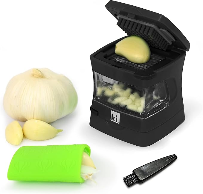 Kitchen Innovations Garlic-A-Peel Garlic Press, Crusher, Cutter, Mincer, and Storage Container - Includes Silicone Garlic Peeler - Easy to Clean - Stainless Steel Blades – (Black), standard