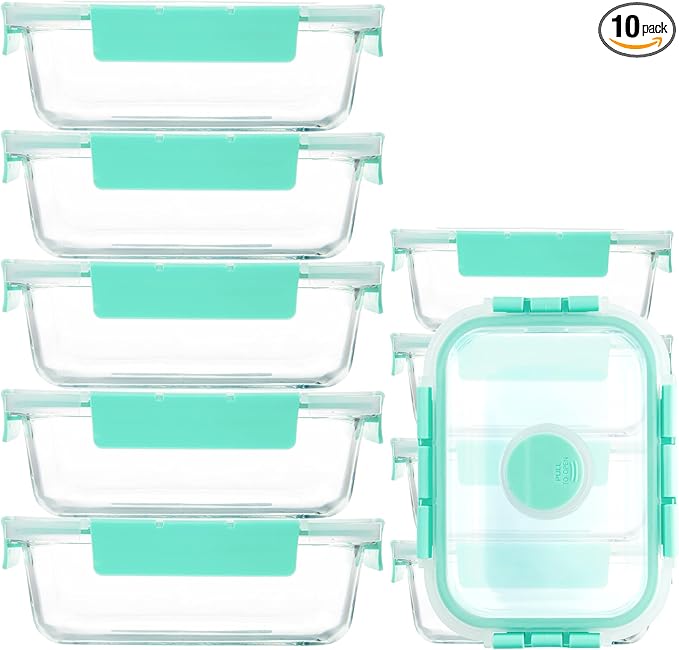YANGNAY 10 Pack Glass Meal Prep Containers with Steam Vent, Food Storage Containers with Airtight Lids, Dishwasher/Microwave/Oven/Freezer Safe Glass Containers for Leftovers (Green)