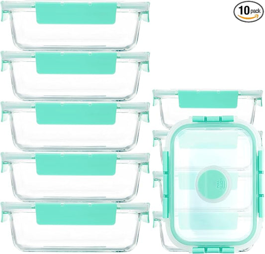 YANGNAY 10 Pack Glass Meal Prep Containers with Steam Vent, Food Storage Containers with Airtight Lids, Dishwasher/Microwave/Oven/Freezer Safe Glass Containers for Leftovers (Green)