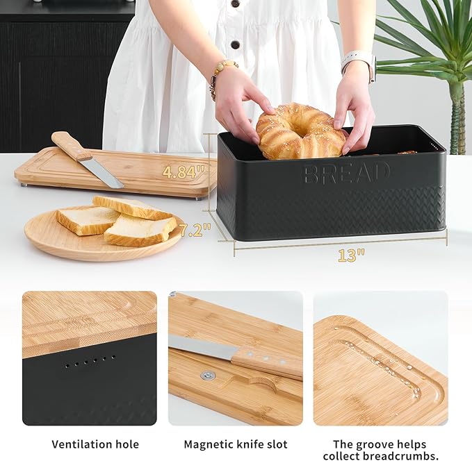Furshus Bread Box for Kitchen Countertop,Metal Bread Storage Bin with Bamboo Cutting Board Lid, Includes Bread Knife, Fits Sourdough & Buns, Stylish Organize (Black)