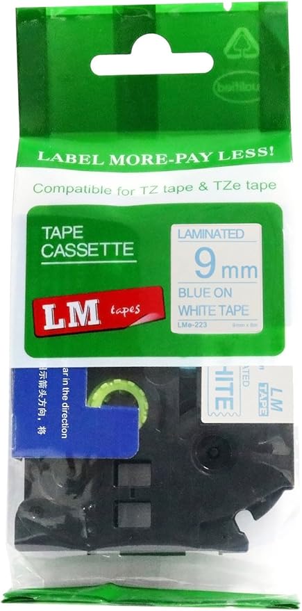 1/Pack LM Tapes - LMe223 Premium 3/8" Blue Print on White Label Compatible with P-Touch TZe-223 Tape and Includes Tape Color/Size Guide. Replaces TZ-223 9mm 0.35 Laminated.