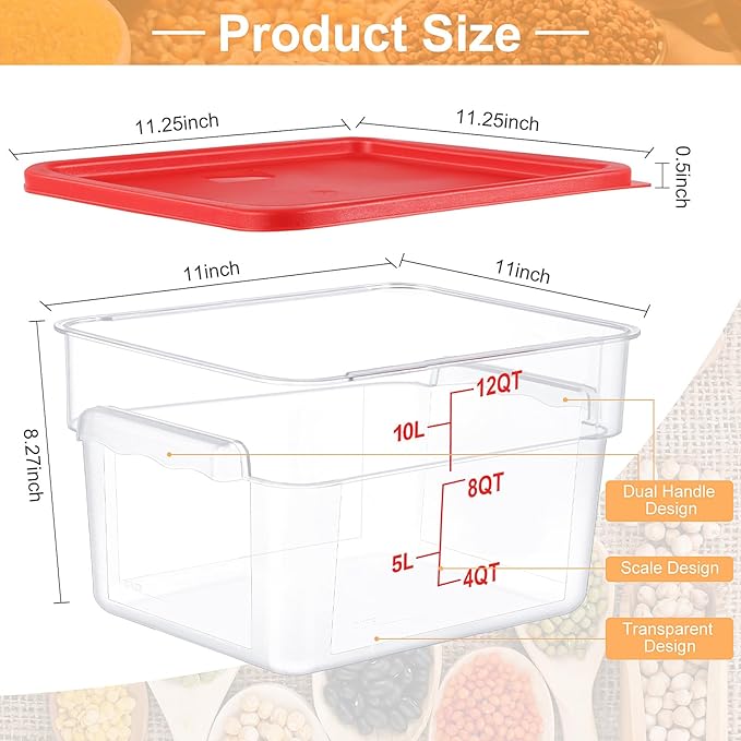 8 Sets Square Food Storage Containers with Lids Dough Proofing Bucket Commercial Polycarbonate Containers with Scale Clear Airtight Cereal for Pantry Home Restaurant (Red,12 Qt)