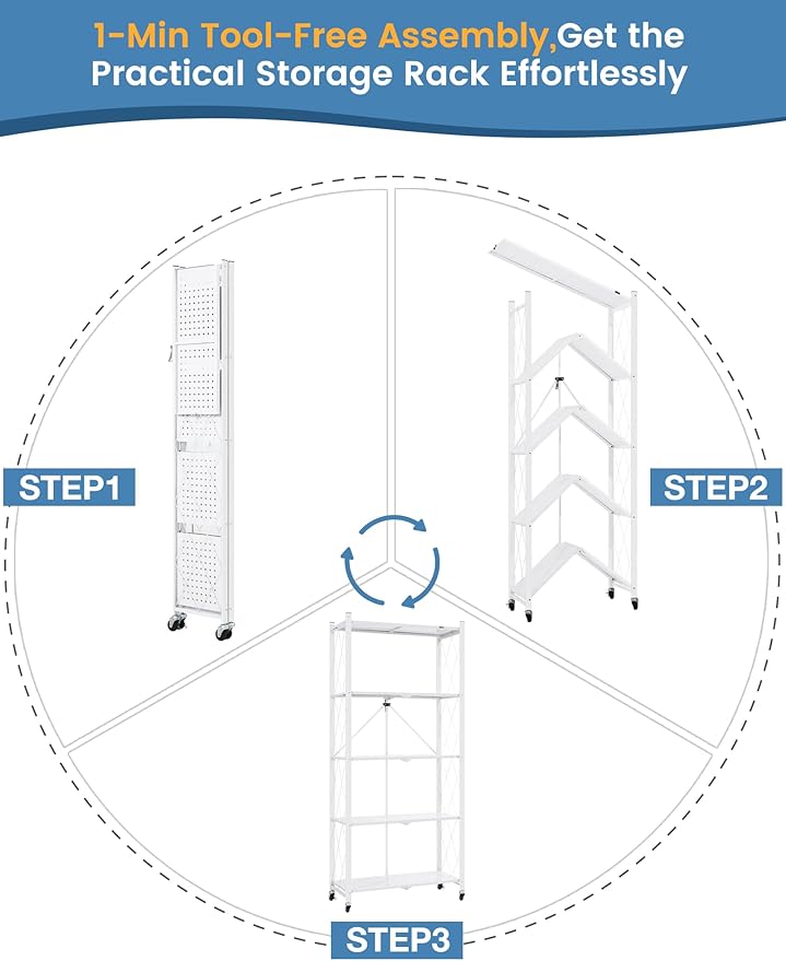 ALANNG 70.7" H Metal Storage Shelves, 5 Tier Folding Shelf on Wheels, Heavy Duty, No Assembly, Rolling, Collapsible Rack Unit for Kitchen, Basement, Pantry (White,2 Pack)
