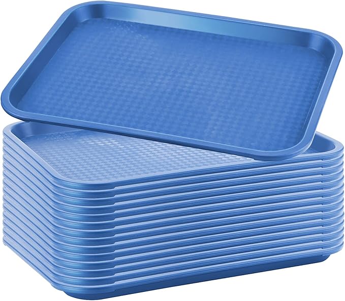 MAHIONG 15 Pack 14 x 10 Inch Blue Large Fast Food Tray, Rectangular Plastic Cafeteria Trays Restaurant Serving Trays, School Lunch Trays