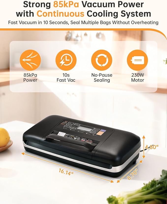 85kPa Commercial Vacuum Sealer with 2X Heat Seal, Countertop Chamber Food Sealer with Continuous Sealing, Multiple Modes for Dry, Wet & All Foods, Built-in Cutter, Ideal for Sous Vide & Food Storage
