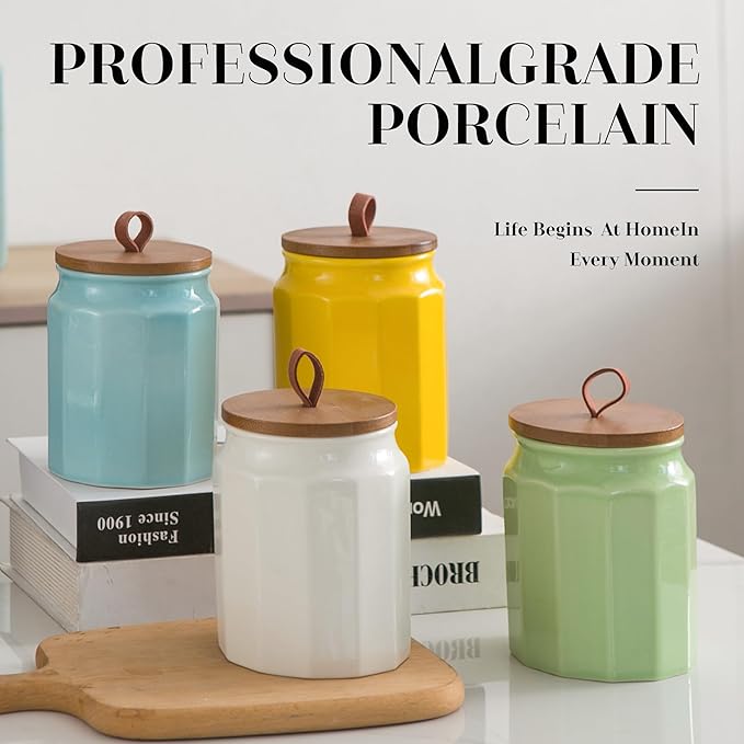 Canister Sets for Kitchen, Set of 4 Ceramic Kitchen Canisters for Countertop with Airtight Wood Lids, Large Flour and Sugar Containers for Coffee, Tea, Spice