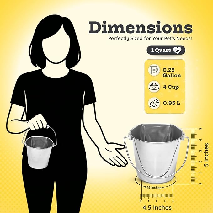 Flat Sided Stainless Steel Bucket, 1 Quart (0.25 Gallon) Hanging Feeding Pail for Small Pet Dogs Cats Birds, Fits Kennels Cages Compatible, Heavy Duty Food & Water Feed, 5" Silver Buckets