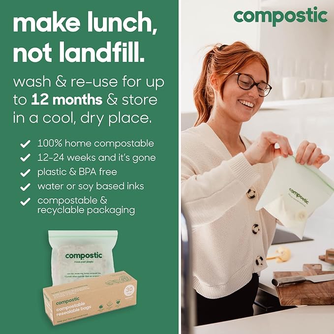 Compostic Home Compostable Resealable Sandwich Bags, Microwave & Freezer Safe, Organic Food Storage Container, 90 Count + 10 Bonus Bags