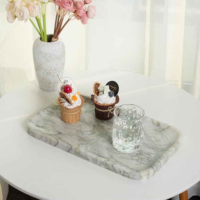 Karibiber Marble Vanity Tray, Large Stone Bathroom Tray for Countertop, 14'' African Gem Genuine Marble Decorative Tray for Dresser, Green Kitchen Trays for Counter,Perfume Storage, Non-Resin/Ceramic