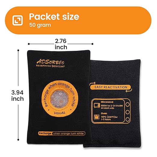 ADSorbco 50 Gram (10 Pack) Rechargeable Desiccant Packs for Storage, Rechargeable Silica Gel Packets, Color Indicating Desiccant Packs for Suitcase, Storage Bins, 3D Filaments, Electronics, Cars, Safe