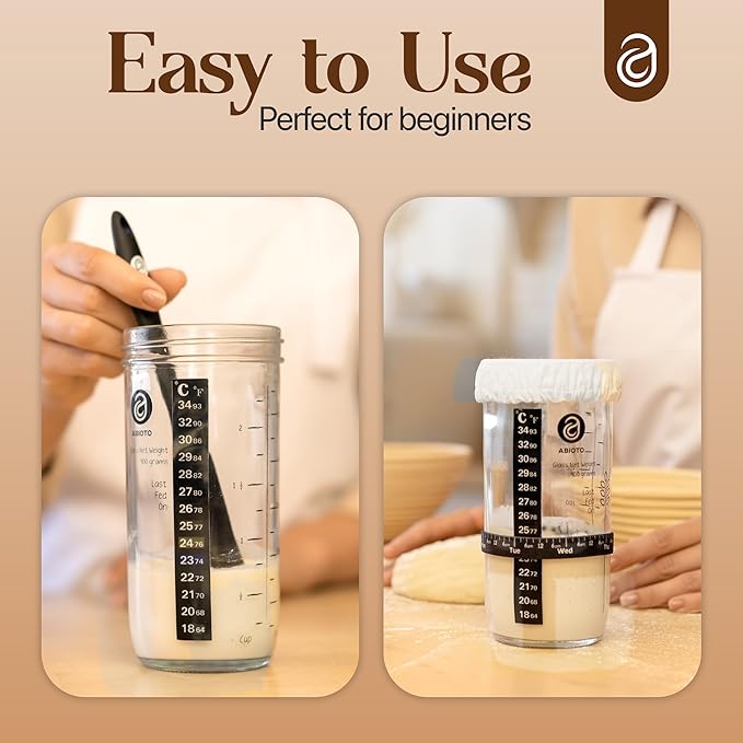 Sourdough Starter Jar Kit, Includes 34 oz Sourdough Starter Jar with Metallic Lid, Silicone Spatula, Feeding Tracker, Extra Thermometer Strips & Breathable Covers – Sourdough Bread Starter Kit