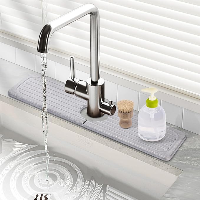 Stone Faucet Mat for Kitchen Sink, 23.6" Diatomite Drying Stone Kitchen Sink Mat Super Absorbent, Stone Kitchen Sink Splash Guard, Sink Stone Quick Dry Around Faucet for Kitchen Bathroom Counter