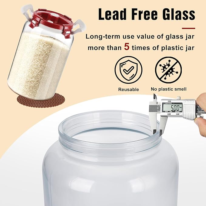 2.6 Gallon Glass Rice Storage Container with Airtight Lid & Handle - 20 lbs Large Glass Jar with Lid for Pantry, Kitchen - BPA Free, Wide Mouth, Clear Design for Flour, Pasta, Cereal Food Organization